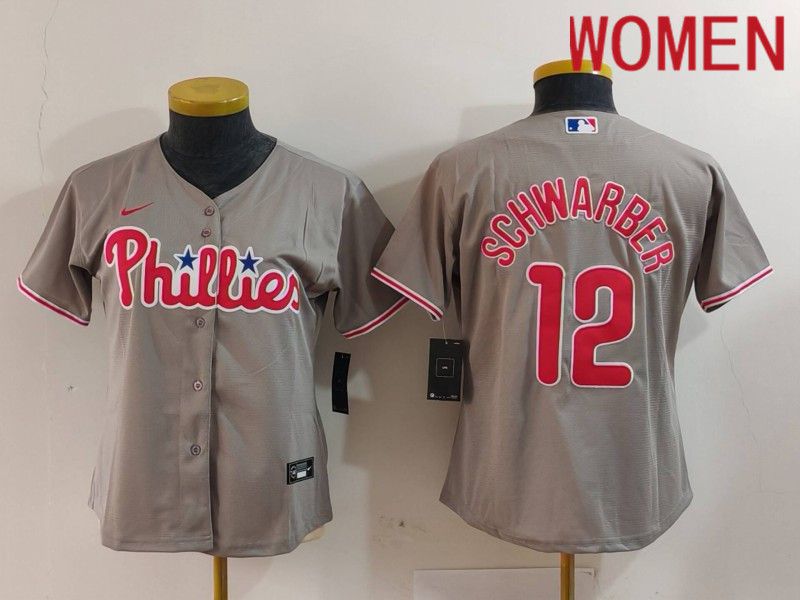 Women Philadelphia Phillies #12 Schwarber Grey Game 2024 Nike MLB Jersey style 3